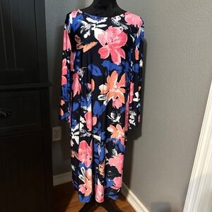 Ruby Rd. Dress XL Floral Print Navy Blue Pink 3/4 Sleeve Embellished‎ Feminine